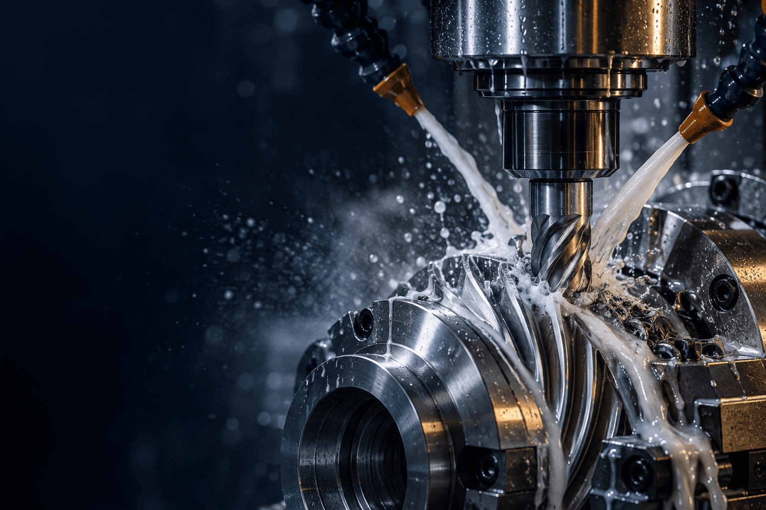 Illustrative cinematic close-up of coolant flowing at a precision CNC cutting interface