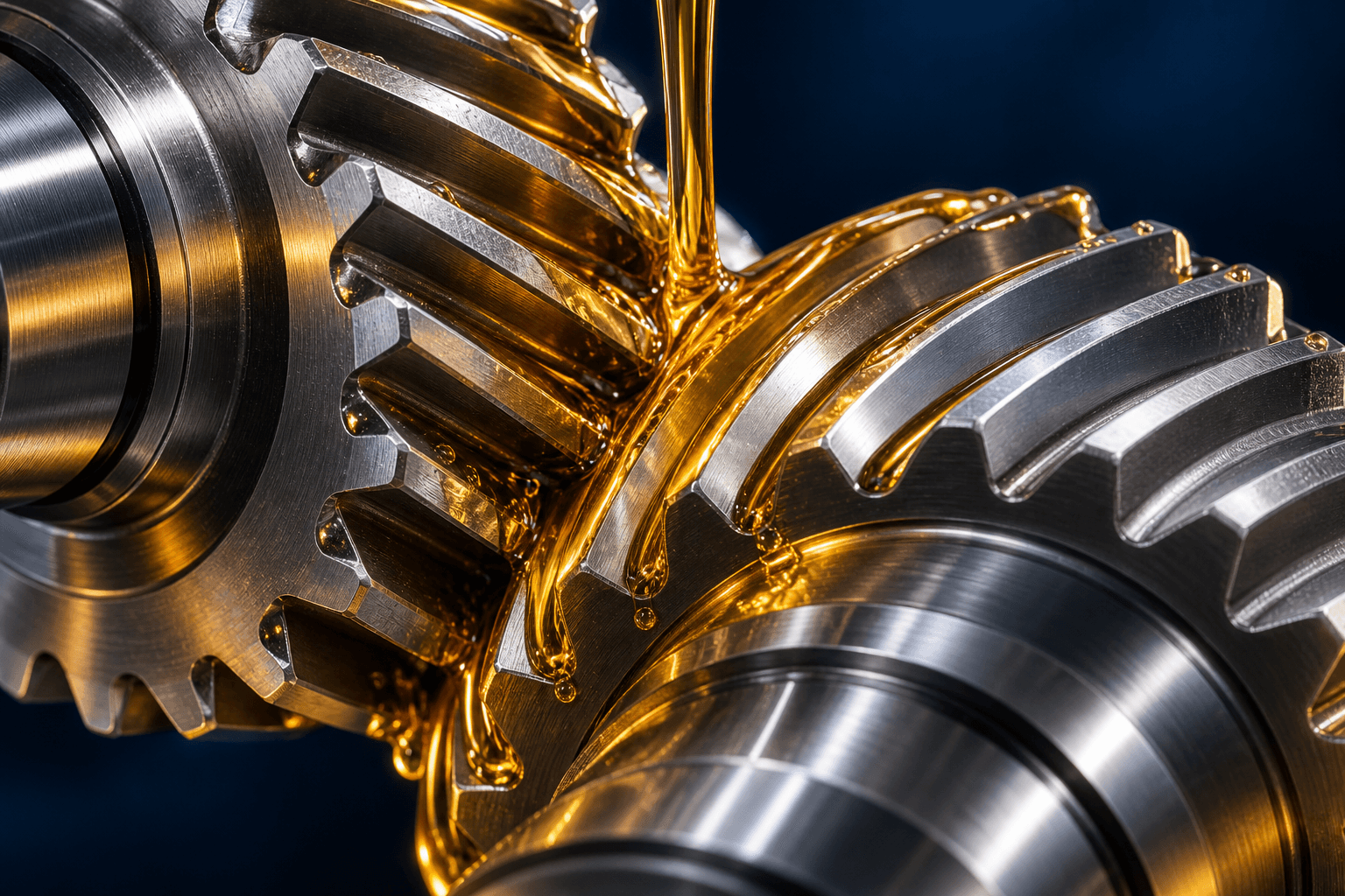 Illustrative precision gears with flowing amber lubricant