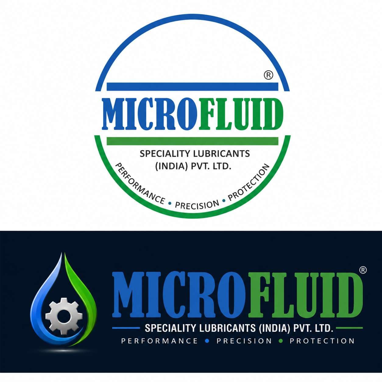 Microfluid blue and green brand identity with Performance, Precision, Protection tagline